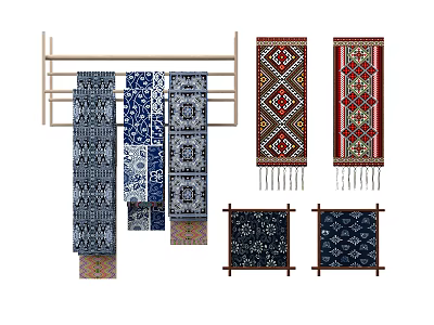 Traditional Decorative Wall Hangings With Blue White Red Geometric Floral Patterns In Long Square Shapes 3d model