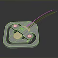 Blue Square Electronic Component Featuring Metal Parts And Red Black Wires On Dark Background