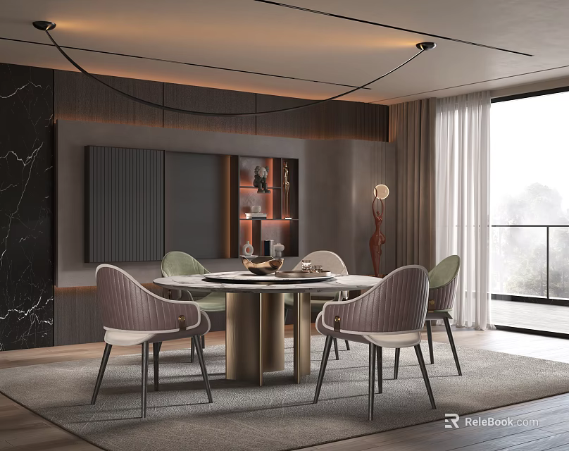 Modern Restaurant Interior With Round Dining Table Upholstered Chairs Pendant Lights And Scenic Window View 3d model 
