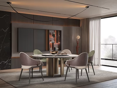 Modern Restaurant Interior With Round Dining Table Upholstered Chairs Pendant Lights And Scenic Window View 3d model