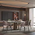 Modern Restaurant Interior With Round Dining Table Upholstered Chairs Pendant Lights And Scenic Window View