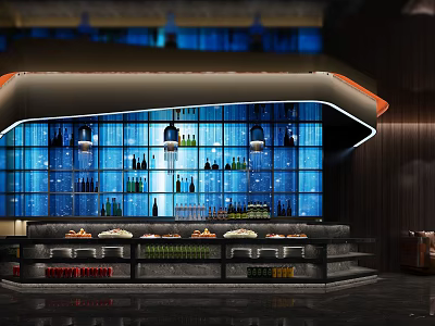 Modern Restaurant Bar Counter With Blue Glass Wall Wine Bottles Warm Lighting And Displayed Fruits 3d model