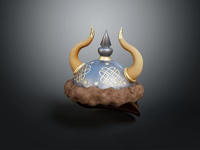 Blue Horned Hat With Intricate Decorative Patterns Spiked Top And Fur Trim 3d model