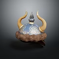 Blue Horned Hat With Intricate Decorative Patterns Spiked Top And Fur Trim