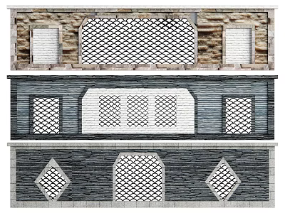 Traditional Garden Wall Design with Lattice Patterns and Stone Brick Elements 3d model