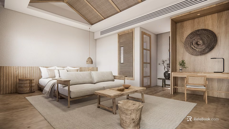 Natural Style Hotel Room With Wooden Furniture Cozy Sofa Bed Coffee Table And Rattan Ceiling 3d model 