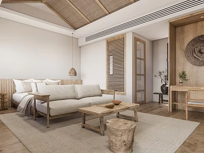 Natural Style Hotel Room With Wooden Furniture Cozy Sofa Bed Coffee Table And Rattan Ceiling 3d model