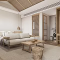 Natural Style Hotel Room With Wooden Furniture Cozy Sofa Bed Coffee Table And Rattan Ceiling
