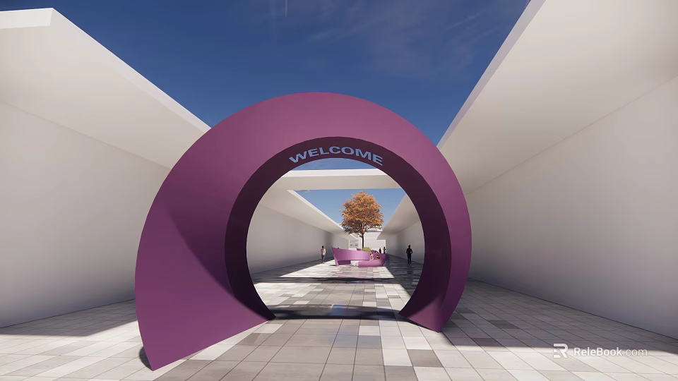 Modern Landscape Seat With Purple Arch Welcome Sign And Patterned Floor Pathway 3d model 