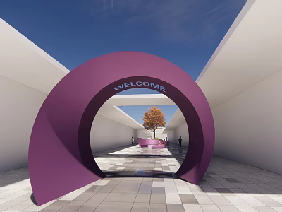 Modern Landscape Seat With Purple Arch Welcome Sign And Patterned Floor Pathway 3d model