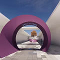 Modern Landscape Seat With Purple Arch Welcome Sign And Patterned Floor Pathway