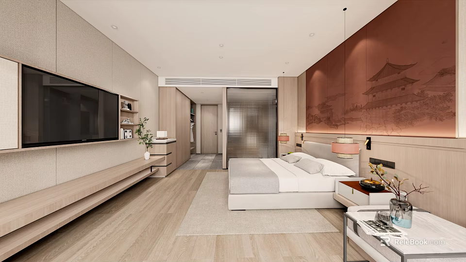 Modern Hotel Room Interior With King Bed TV Wooden Flooring And Decorative Painting 3d model 