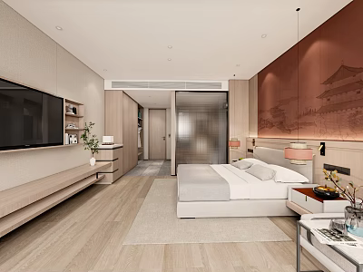 Modern Hotel Room Interior With King Bed TV Wooden Flooring And Decorative Painting 3d model