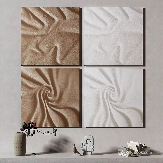 Textured Decorative Paintings With Brown And White Spiral Patterns Four Panel Wall Art 3d model