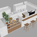 Modern Bar Counter Design With White Countertop Wooden Stools Green Plant And Display Case