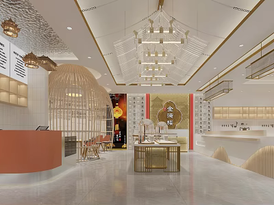 Elegant Jewelry Store Interior Design With Hanging Chandeliers Gold Display Cases And Marble Counter 3d model