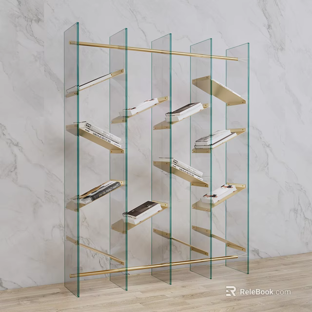 Modern Transparent Glass Bookcase with Golden Frame Slanted Shelves Against Marble Wall Background with Books 3d model 