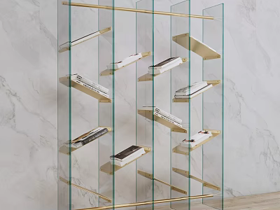 Modern Transparent Glass Bookcase with Golden Frame Slanted Shelves Against Marble Wall Background with Books 3d model