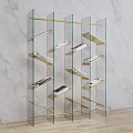 Modern Transparent Glass Bookcase with Golden Frame Slanted Shelves Against Marble Wall Background with Books