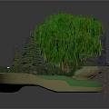 Cartoon Scene Featuring Small House Pine Trees Weeping Willow Pathway And Green Lawn