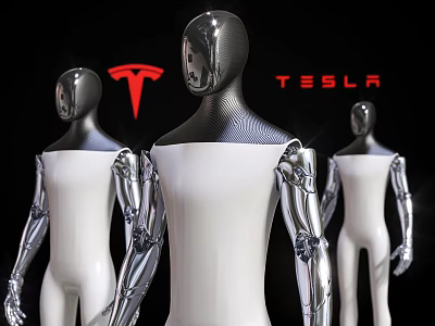 Tesla Themed Modern Commercial Equipment Featuring Three Silver White Retail Mannequins 3d model