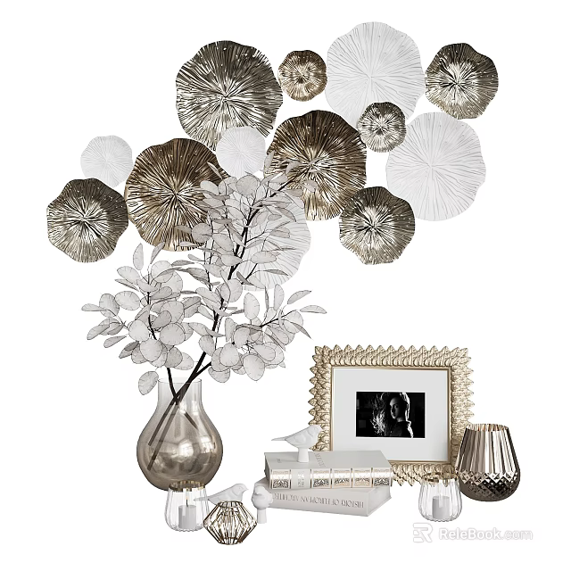 Elegant Ornament Set with Wall Decor Vase Leafy Plant Golden Frame Books and Table Lamp 3d model 