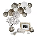 Elegant Ornament Set with Wall Decor Vase Leafy Plant Golden Frame Books and Table Lamp