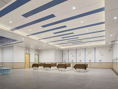 Serene SPA Sauna Interior With Blue Striped Ceiling And Comfortable Relaxation Lounges 3d model