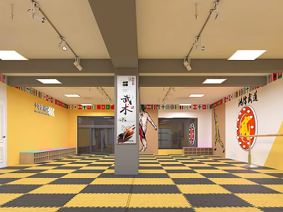 Taekwondo Training Studio With Yellow Black Checkerboard Floor Hanging National Flags Wall Posters And Lighting 3d model