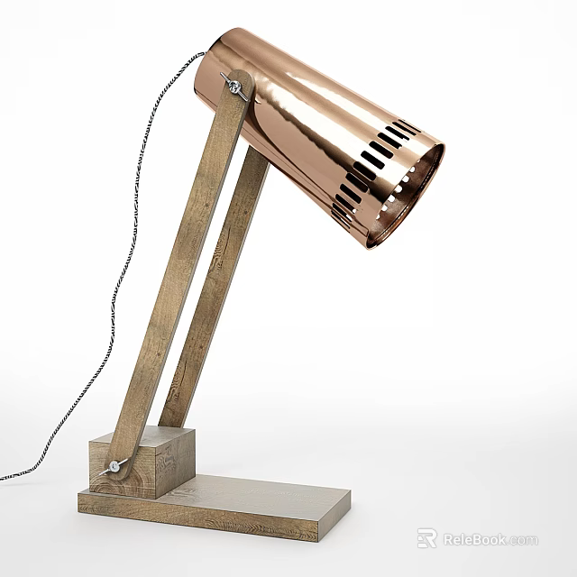 Modern Copper Table Lamp With Wooden Base And Perforated Lampshade Design 3d model 