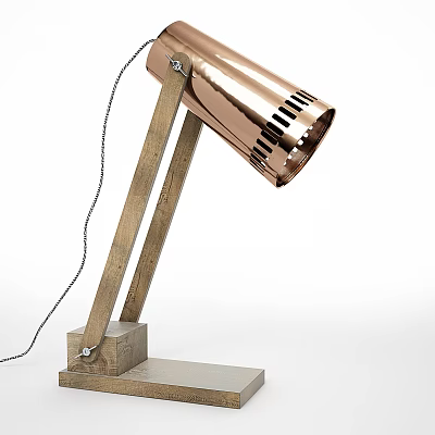 Modern Copper Table Lamp With Wooden Base And Perforated Lampshade Design 3d model