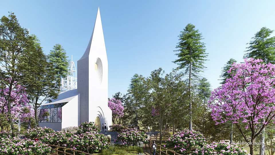 Scenic Park Landscape With White Spire Building Pink Flowers Green Trees And Lush Bushes 3d model 