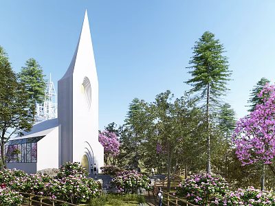 Scenic Park Landscape With White Spire Building Pink Flowers Green Trees And Lush Bushes 3d model