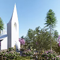 Scenic Park Landscape With White Spire Building Pink Flowers Green Trees And Lush Bushes