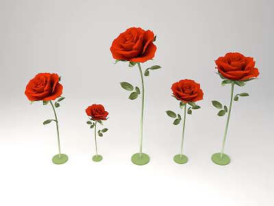 Decorative Red Roses in Various Sizes with Green Stems And Leaves on Green Bases 3d model