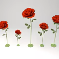 Decorative Red Roses in Various Sizes with Green Stems And Leaves on Green Bases