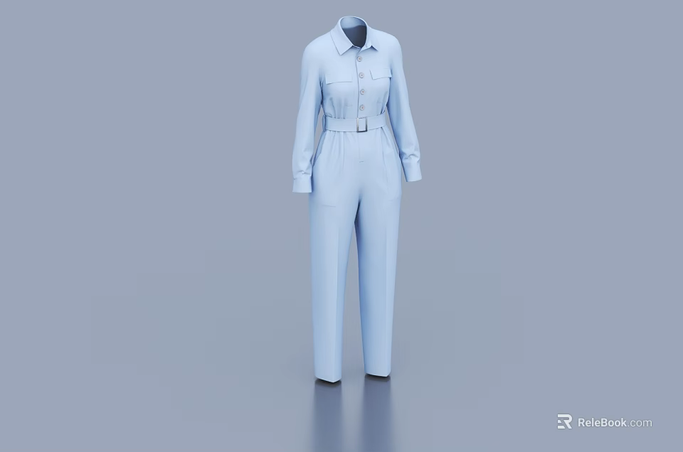 Light Blue Women's Collared Long Sleeve Belted Waist Casual Jumpsuit 3d model 