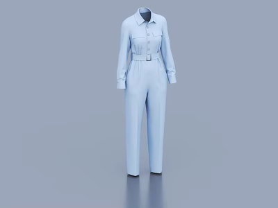 Light Blue Women's Collared Long Sleeve Belted Waist Casual Jumpsuit 3d model