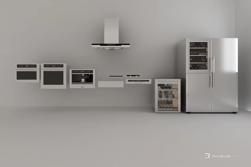 Modern Stainless Steel Kitchen Appliances With Range Hood Oven Microwave Wine Cooler And Refrigerator 3d model 