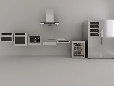 Modern Stainless Steel Kitchen Appliances With Range Hood Oven Microwave Wine Cooler And Refrigerator 3d model