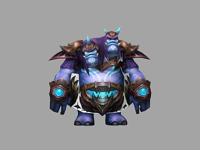 Two Headed Mythical Game Character With Blue Purple Skin Horns And Glowing Armor 3d model