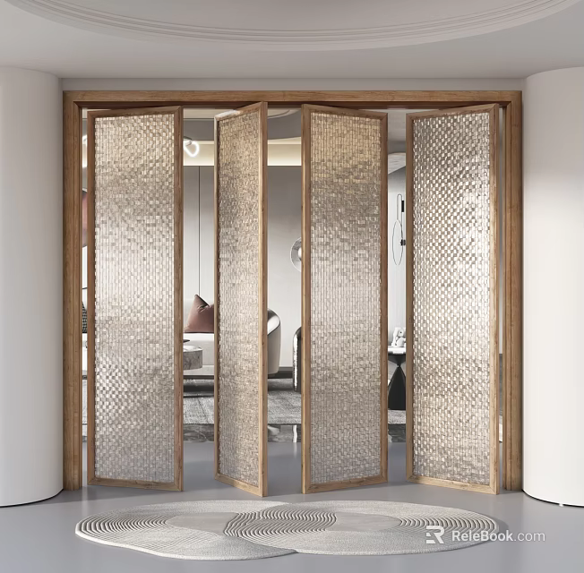 Modern Folding Door With Wooden Frame And Textured Glass Panels For Interior Space 3d model 