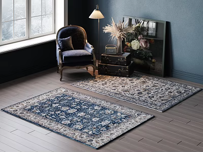 Stylish Single Sofa In Living Room With Deep Blue Wall Window Lamp And Decorative Rugs 3d model