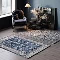 Stylish Single Sofa In Living Room With Deep Blue Wall Window Lamp And Decorative Rugs