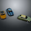 Three Colorful Modern Sports Car Models With Sleek Designs On Gray Background