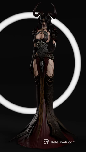 Woman In Elegant Black Gown With Intricate Metal Accents And Circular Background Elements 3d model 