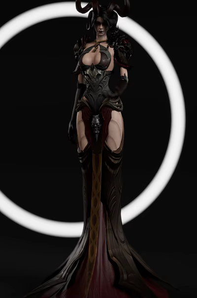 Woman In Elegant Black Gown With Intricate Metal Accents And Circular Background Elements 3d model