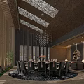 Elegant Chinese Style Private Dining Room Interior With Carved Ceiling Chandelier Round Table And Chairs