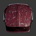 Red Mechanical Weapon Helmet With Two Black Circular Lenses White Splatters And Metal Base