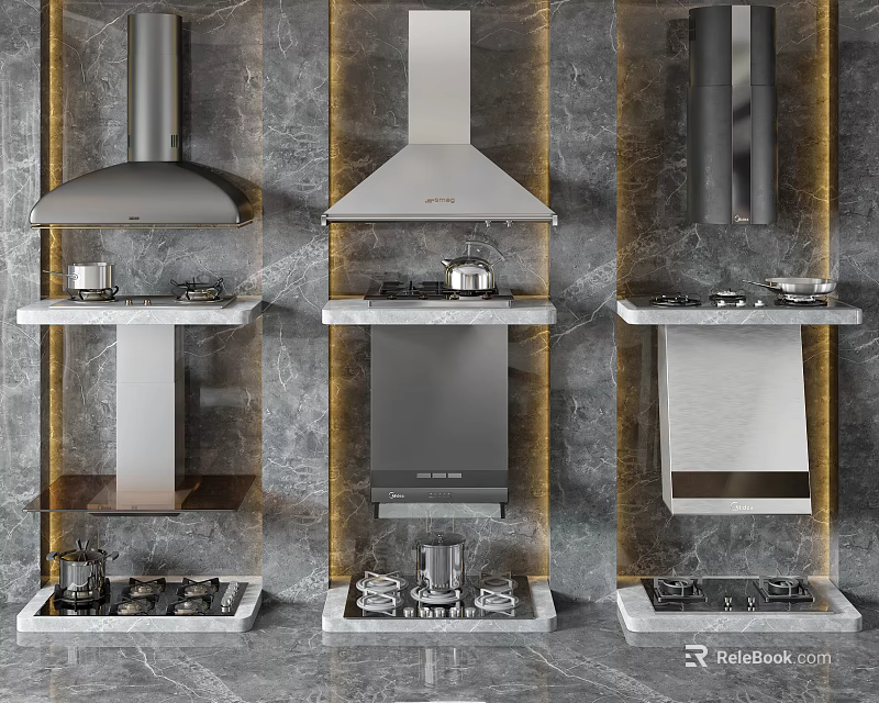 Modern Kitchen Appliances Display With Range Hoods Stovetops And Marble Background 3d model 